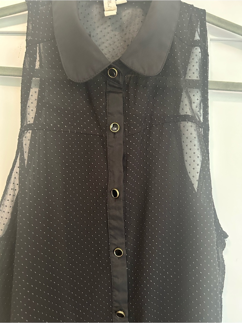 Mind Code Black Sheer Dot-Print Sleeveless Blouse with Gold-Trim Buttons